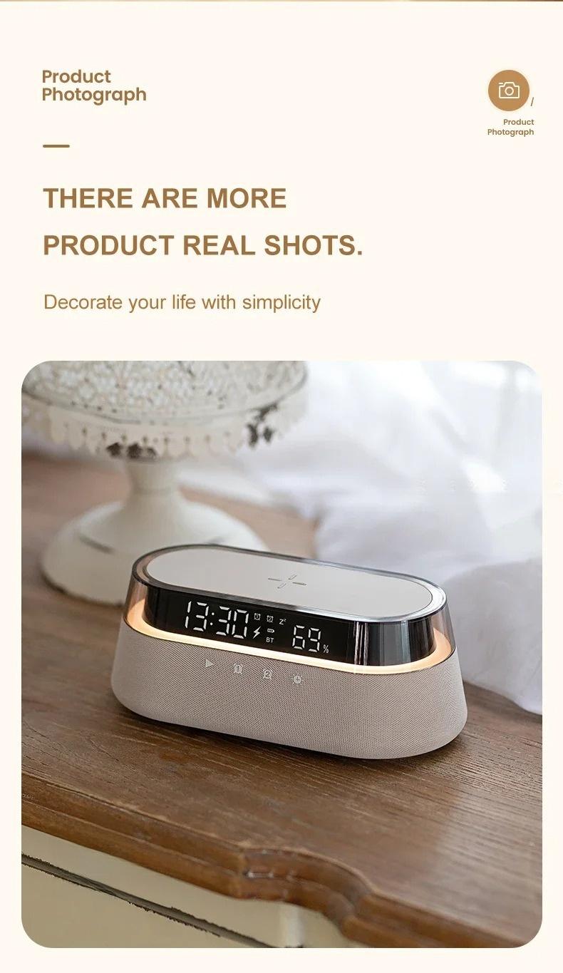 6-in-1 Smart Speaker Alarm Clock 15W Wireless Charger Bluetooth Music Player with Snooze Function