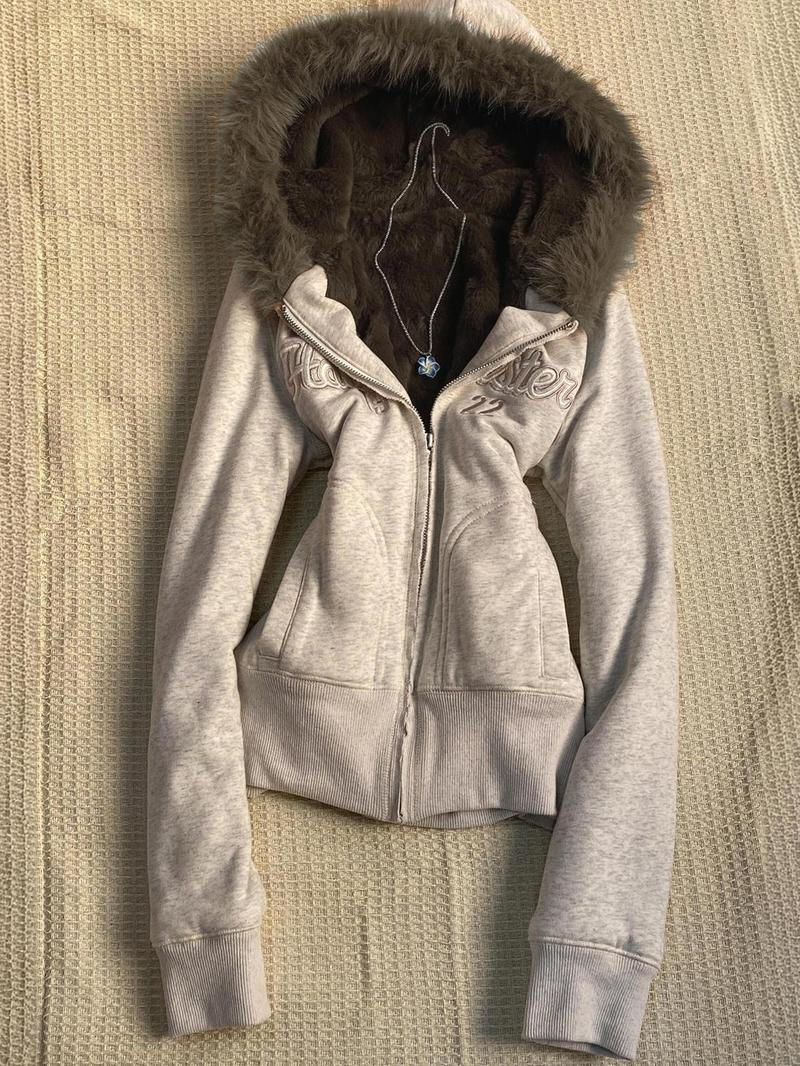 Y2k Aesthetic Vintage Fur Patchwork Hoodies Autumn Grunge Letter Embroidery Hoody Streetwear Cropped Zipper Sweatshirt Jackets