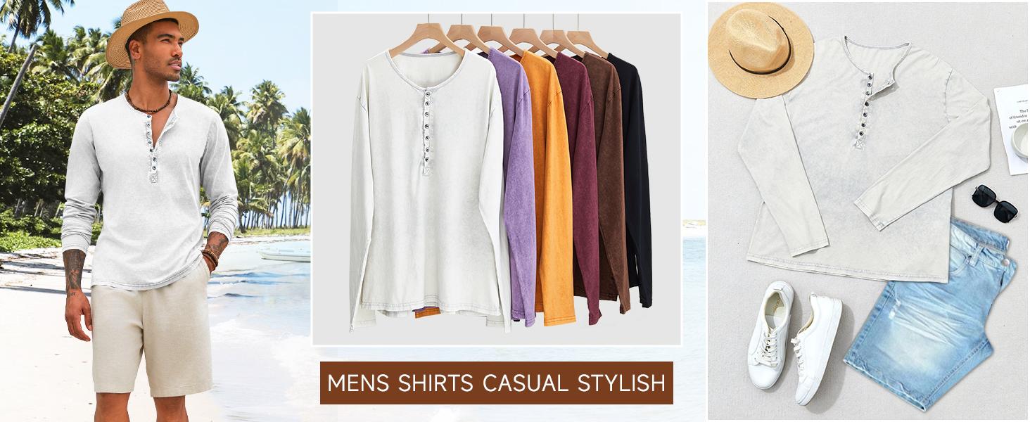 Beotyshow Mens Distressed Henley Shirts Retro Long Sleeve Tee Shirts Casual Button Down Washed T-Shirts for Men Cotton Menswear Father's Day Gift Shirt