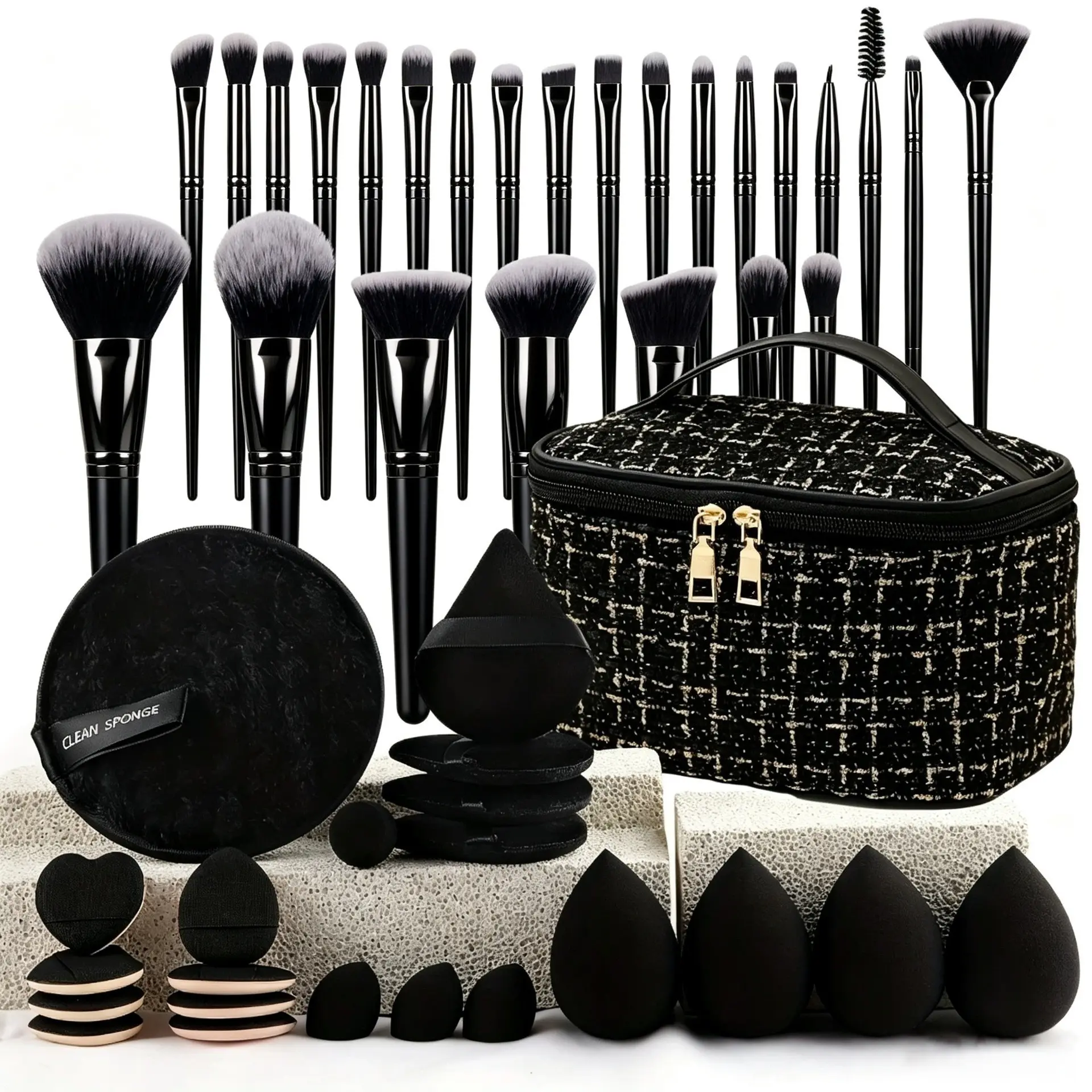 Professional Makeup Brush Set, Synthetic Fiber Brushes, Multi-Size Beauty Sponges, Velvet Puff, Travel Makeup Bag, Beginner Kit