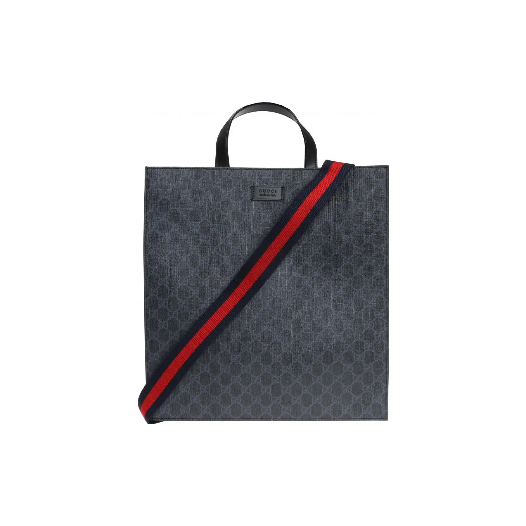 Gucci Large Vertical Monogram Canvas and Leather Tote Bag with Striped Webbing Strap for Men in Black and Gray