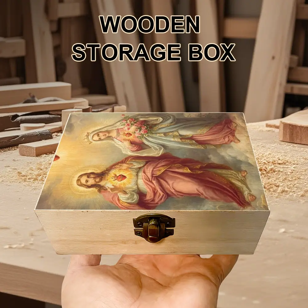 1Pc Hand - Crafted Wooden Storage Box, Gift Storage Box with Sacred Heart of Jesus and Virgin Mary Illustration, Prayer Box, Small Trinket Organizer, Keepsake Box for Home Altar, Prayer Space, Religious Souvenir Storage, Rustic