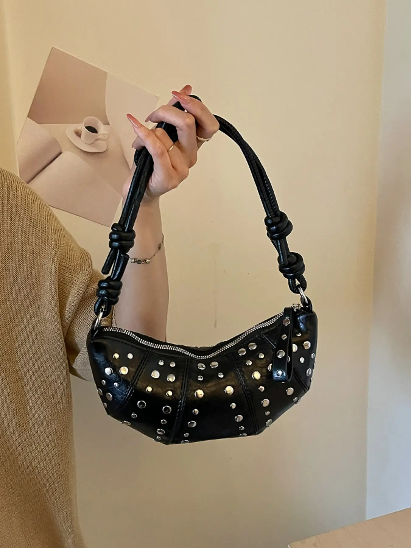 Fashion retro millennium punk silver studded underarm bag, adjustable knotted shoulder strap crossbody bag, street-style casual textured daily commute shoulder bag, Casual Trendy Bag