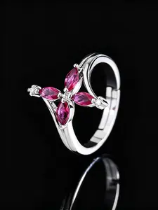 1pc Red Zircon Micro Paved Diamond Open Ring European American Luxury Temperament Versatile Women Jewelry Delicate Marquise Stone Shape Slim Hand Fit Commute Date Afternoon Tea Daily Wear Exquisite Gift Box For Holiday Birthday Heartfelt Gift For Women