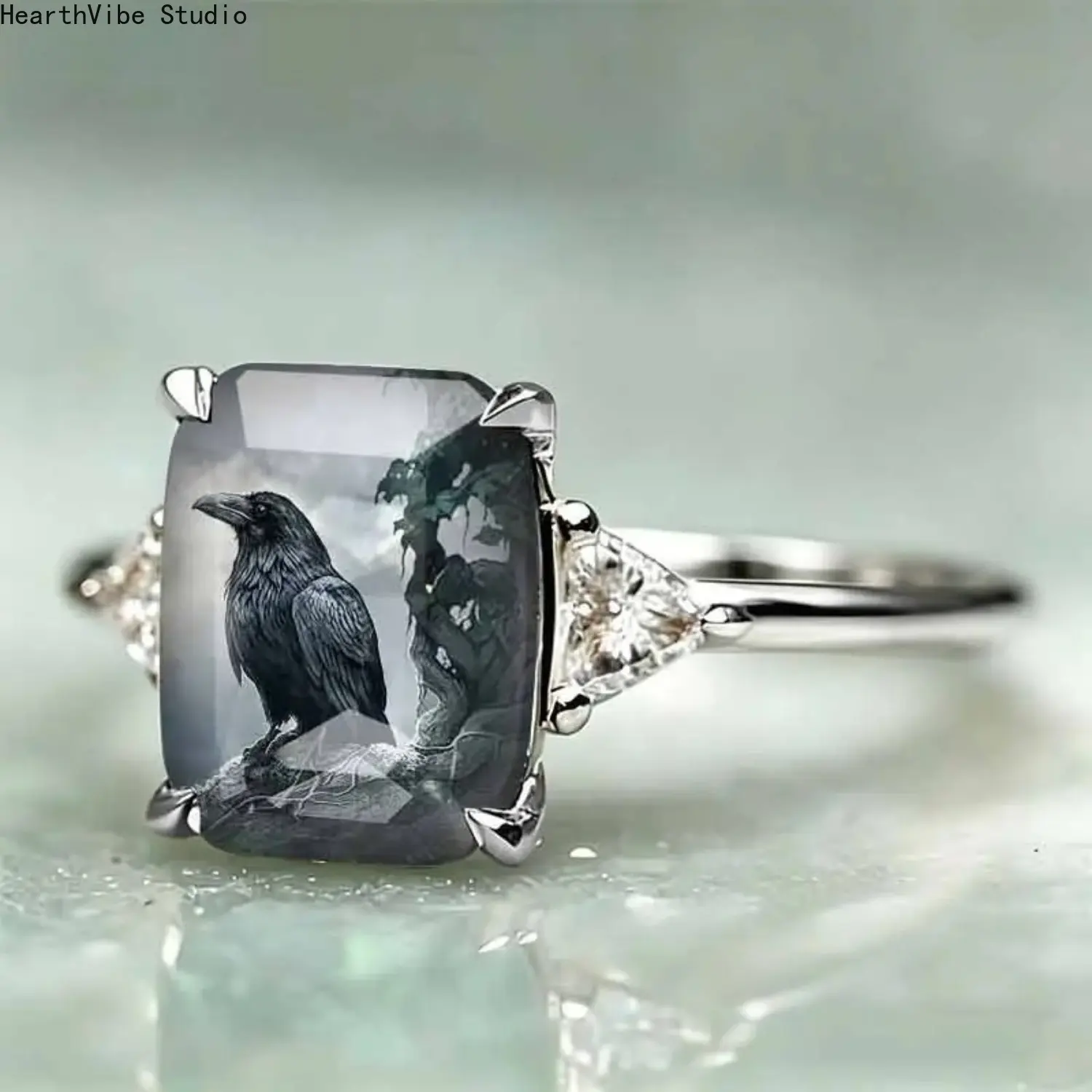 Women's 2026 Vintage Gothic Raven-Design Open Ring, Gold-Plated Adjustable Band with Black Square Stone, Chunky Punk Mystic Jewelry, Rings for Women for Daily Wear Gifts