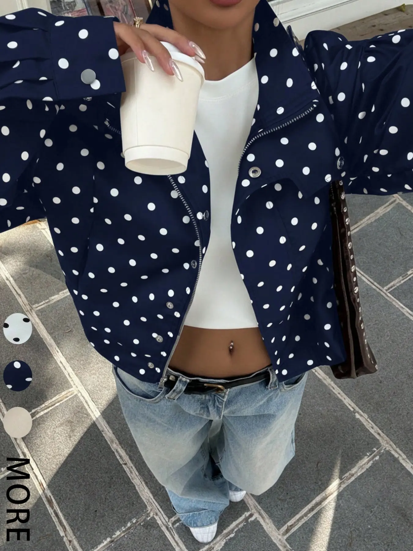 Women's Polka Dot Print Long Sleeve Zipper Jacket, Casual Multifunctional Commuter and Date Coat, Y2K Back-To-School Streetwear Style, Fall Winter Fashion