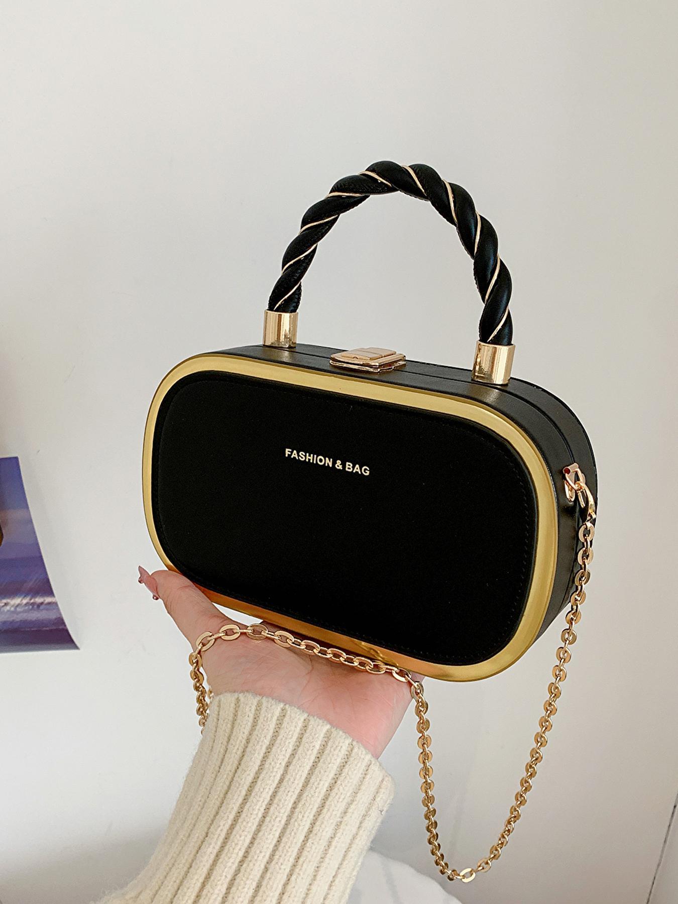 Women's Fashion Buckle Twisted Top Handle Chain Strap Crossbody Bag, Minimalist Letter Detail Metallic Trim Versatile Box Bag, Casual Shoulder Bag, Casual Crossbody Bags
