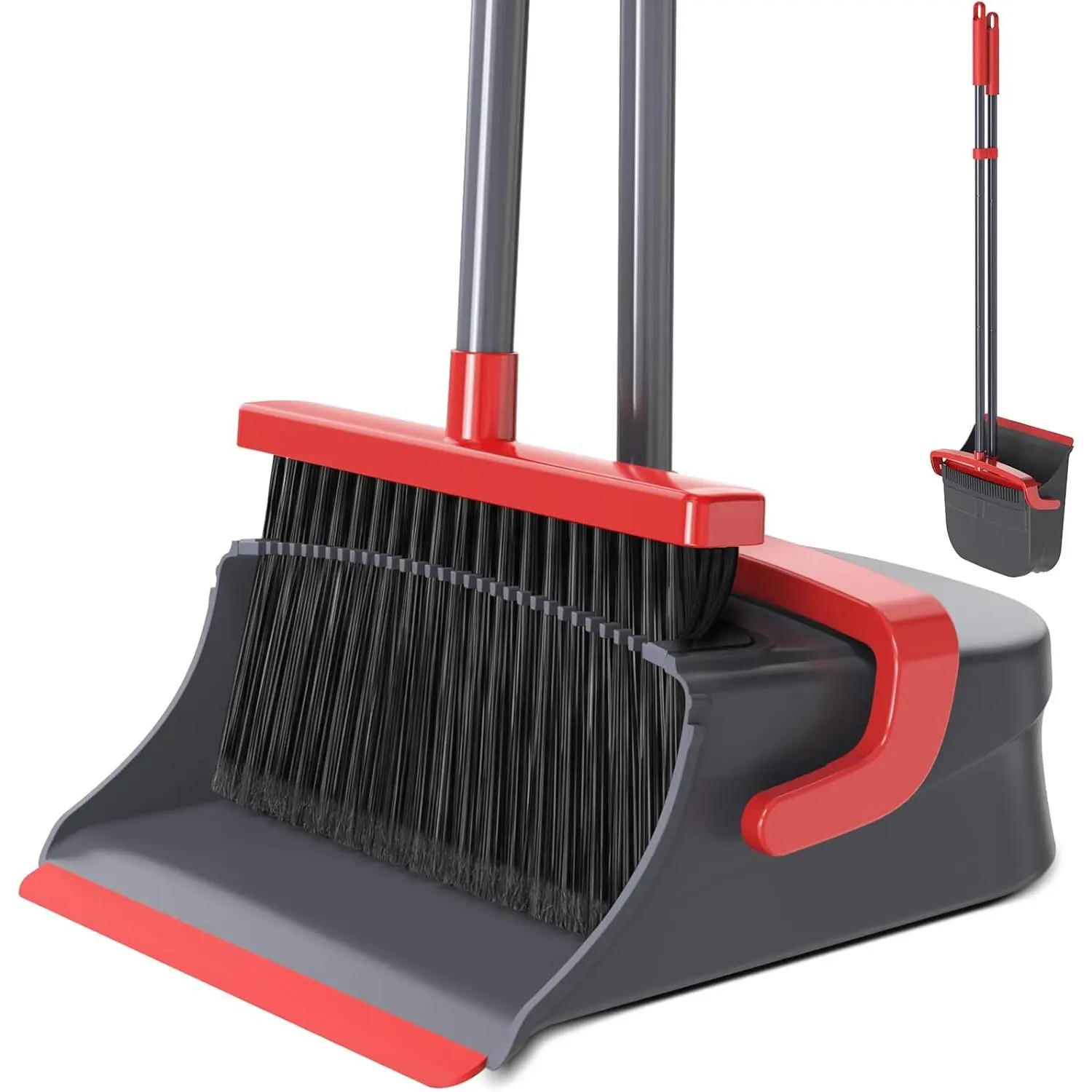 Self-Cleaning Broom and Dustpan Combo Set with Dustpan Teeth, Long-Handle Upright Standing Design for Pet Hair & Dust, Indoor-Outdoor Use for Home, Kitchen (Red & Gray), Self-Cleaning Dustpan Teeth Brooms