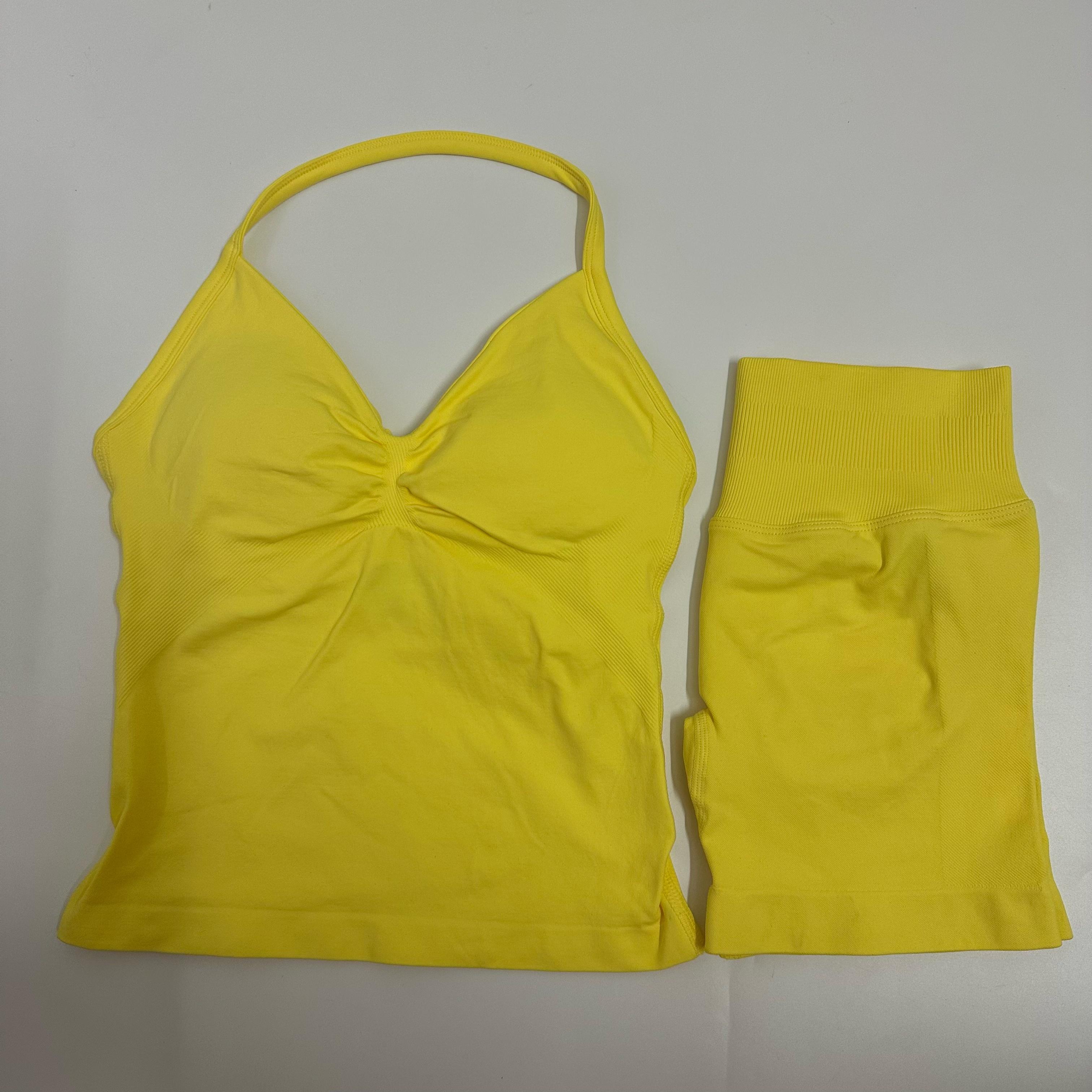 2 Pieces Women Yoga Set Seamless Yoga Longline Strappy Tank Top Scrunch Sports Shorts Gym Clothes Woman Summer Workout Outfit Athleisure Wear