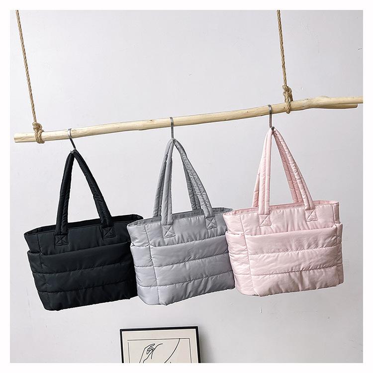 Cozy Blush Pink Cloud Tote Bag, Lightweight Quilted Padded Shoulder Handbag With Soft Fabric, Spacious Compartment For Everyday Use, Work Commute, Weekend Trips And Travel Essentials