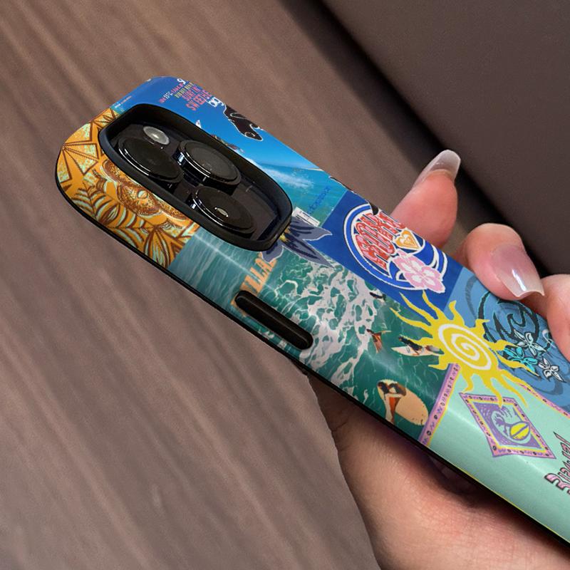 Beach Vibes Phone Case , Y2K Surf Magazine Collage with Bold Colors, Shockproof Rugged Cover Dual Layer Soft TPU Hard Bumper Shell for iPhone 7 8 X XR 11 12 13 14 15 16 17 Pro Max Plus Air