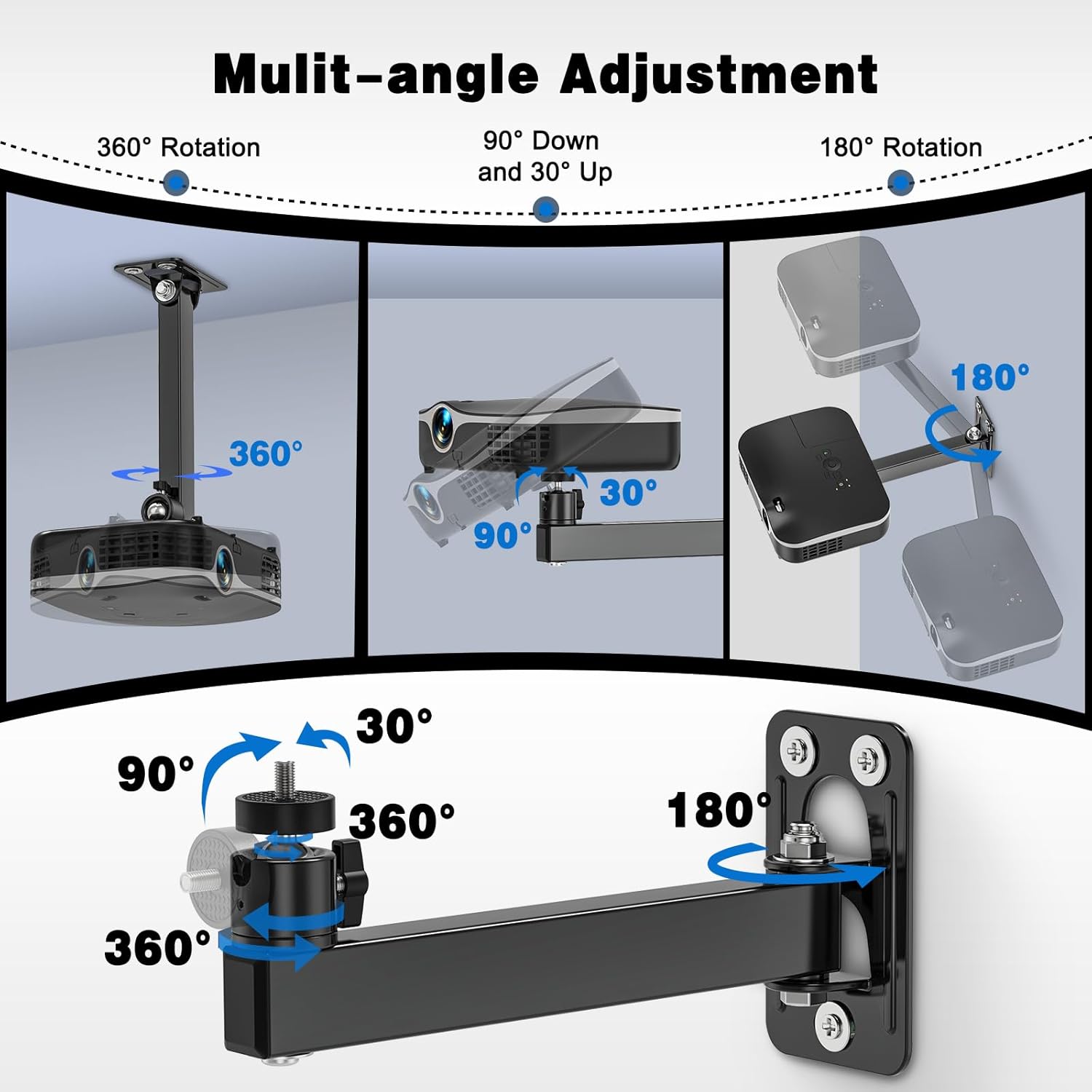 Projector Stand, Wall and Mini Ceiling Mount with 1/4-Inch Thread, 360- Rotation, Adjustable Tilt & Swivel, Foldable, Easy Setup Compatible with  Projectors for , Office