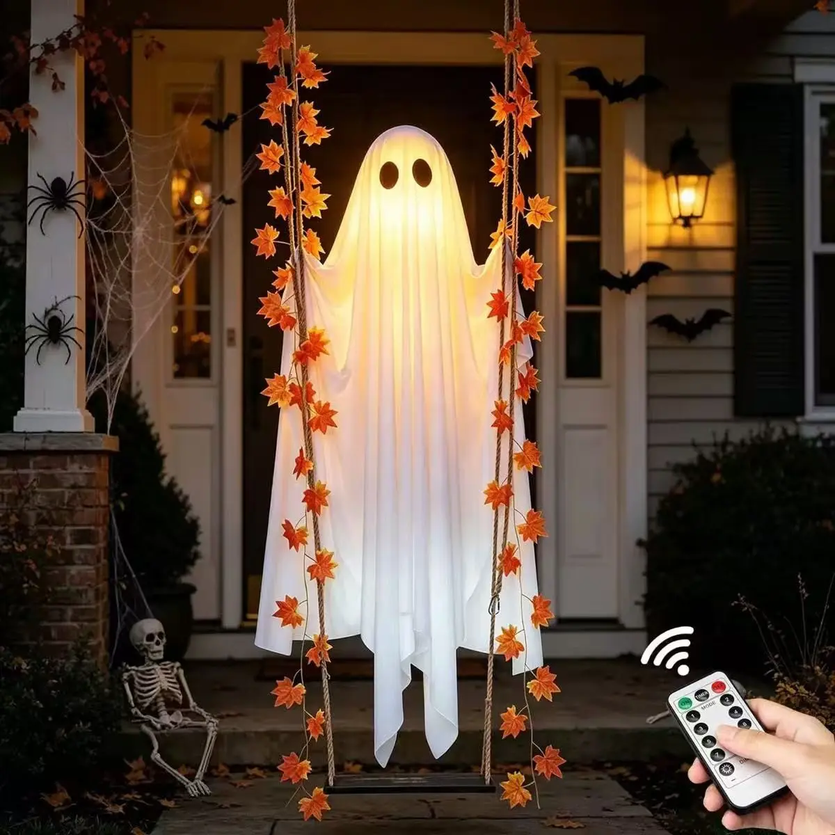 Halloween Swing Maple Leaf Vine Hanging Ghost Outdoor Decoration, Large Scary Decor for Garden Yard Trees, Halloween Festival Ornament