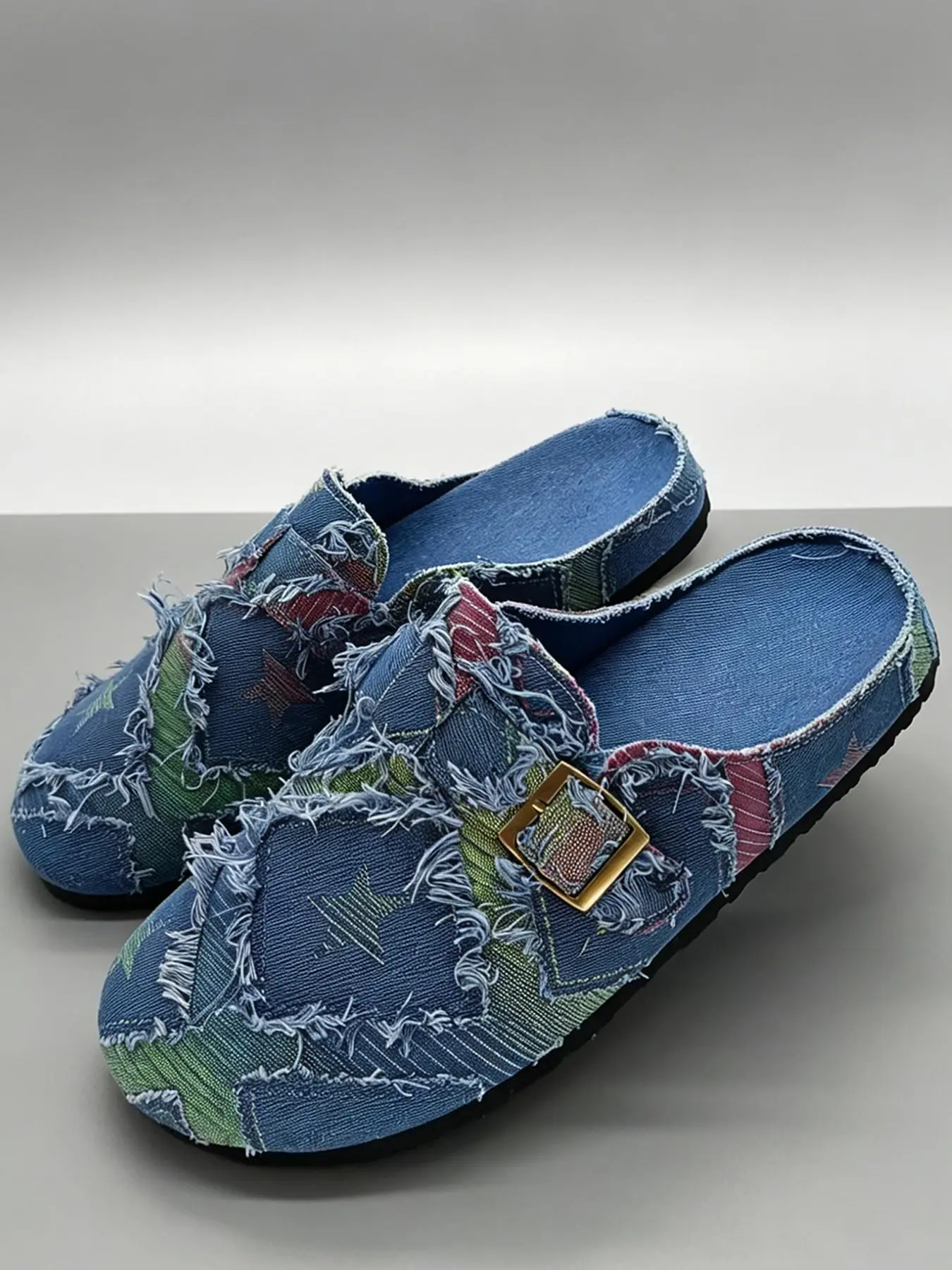 Men's Denim Single Buckle Frayed Edge Backless Mules Clogs, Vintage Washed Platform Slip-On Casual Slides