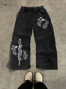 Men's Long Pants, Vintage Washed Jeans, Carp and Samurai Sword Pattern, Urban Japanese Street Style, Casual Fitted Pants for All Seasons