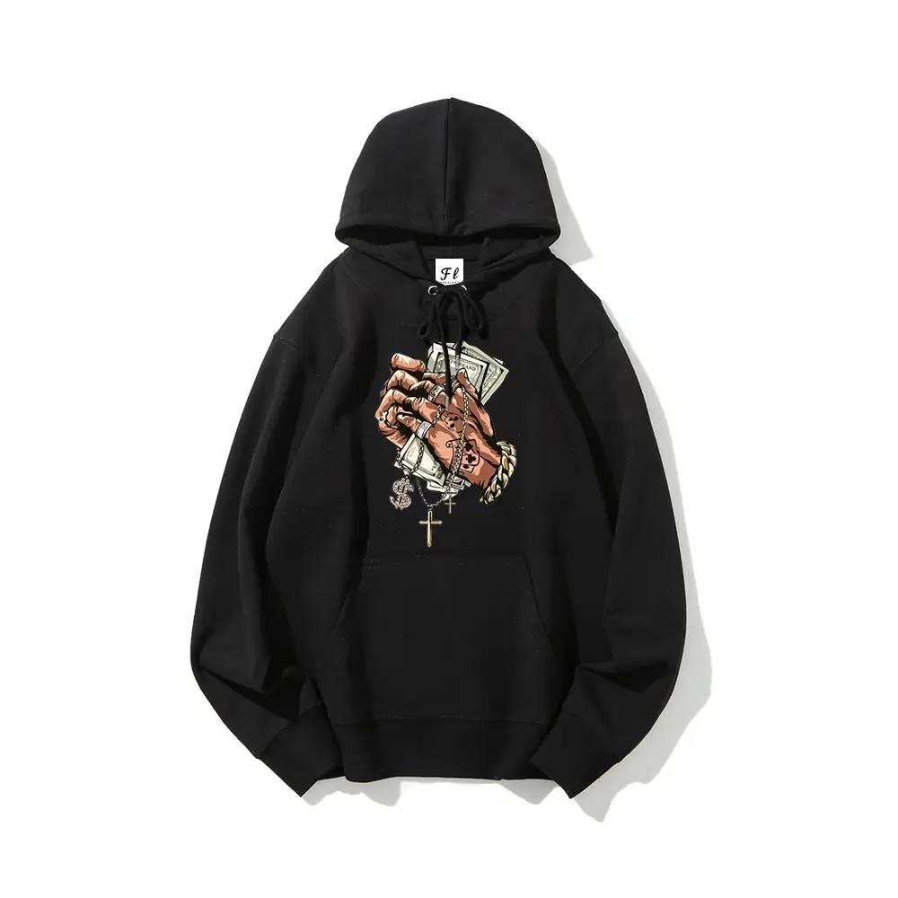 Graphic Hoodie Essential Hoodie Hip Hop Hands Holding Cash Cross Dollar Chain Graphic Hoodies, Retro Black Cotton-Blend Fleece Drawstring Pullover Kangaroo Pocket Streetwear Unisex Sweatshirt