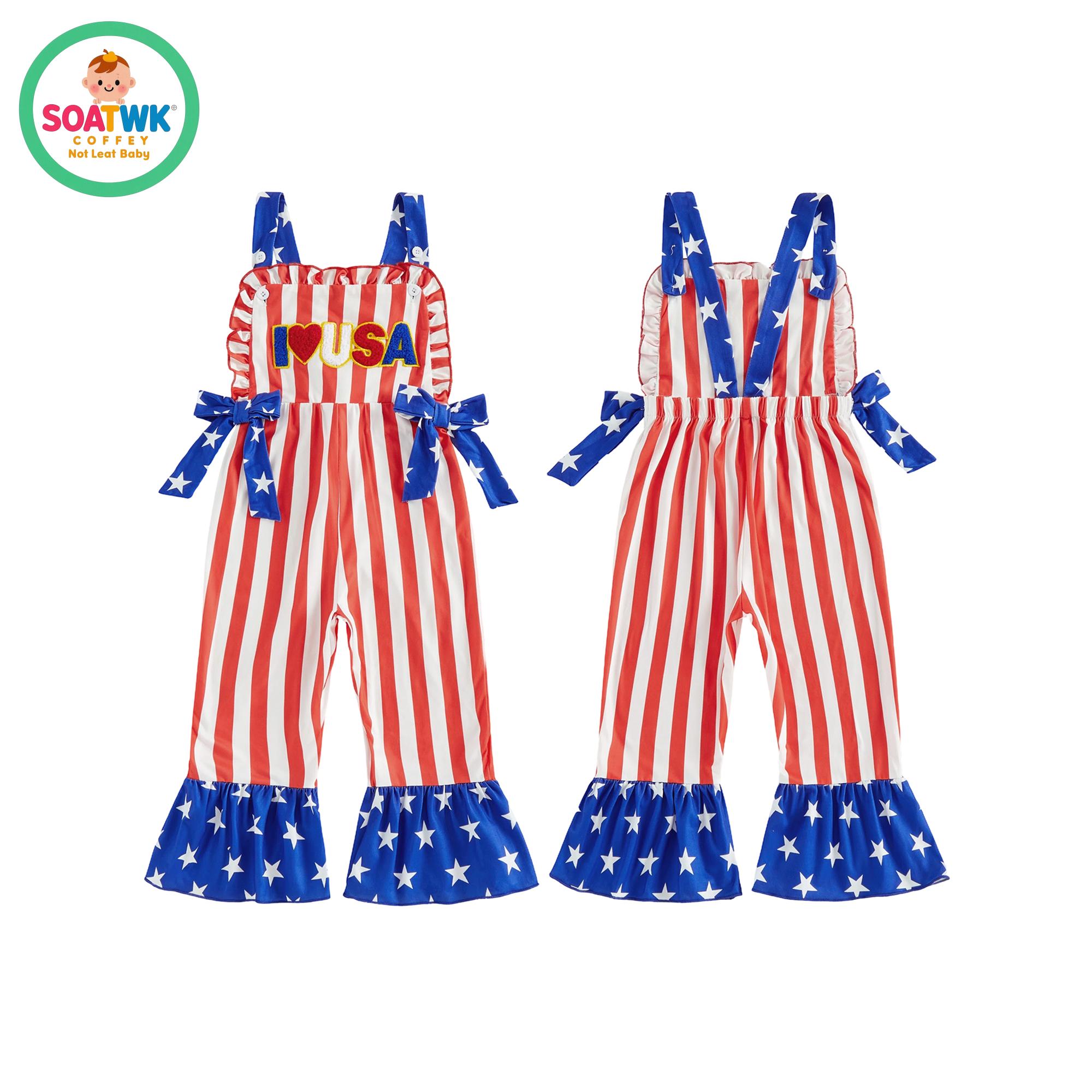 Baby Girl Fourth of July Romper Sleeveless Stars and Stripes Print Bow Jumpsuit Toddler Overalls