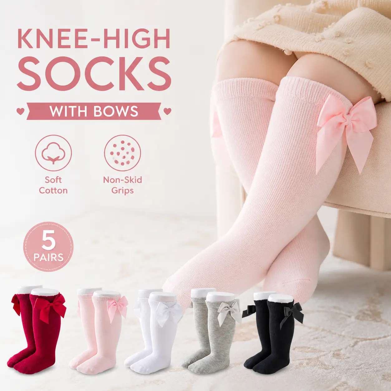 Knee-High Socks for Baby Girls with Bows, 5 Pairs High-Quality Cotton, Non-Skid Grip for Infants & Toddlers 0-3T, 0-12 Months, 1-3T