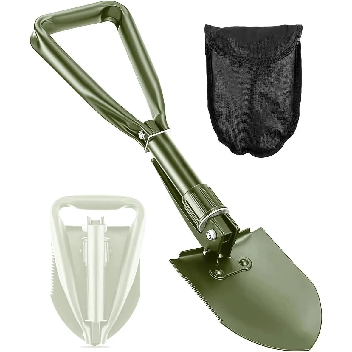 Folding Camping Shovel, 18.5" Portable Mini Trowel, Olive - High Carbon Steel Lightweight Multi-Use Tool for Hiking, Backpacking, Car Emergency, Home Garden, Beach & Snow