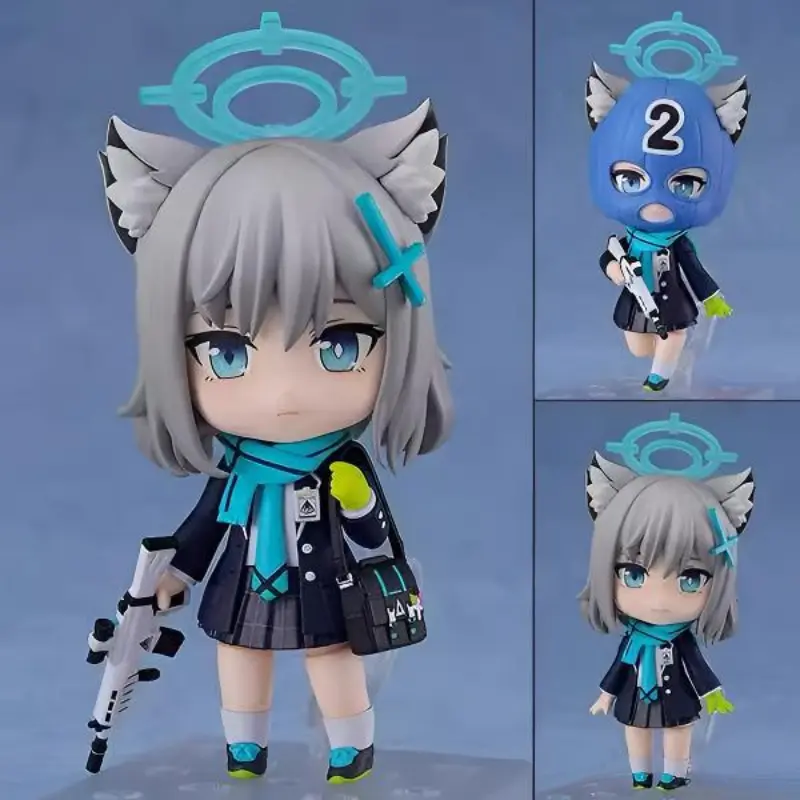 Blue Archive Sunaookami Shiroko Nendoroid PVC Action Figure, Changeable Face Plate & Number 2 Mask Accessory, Anime Wolf Girl Character Mini Collectible Statue Desk Decor Gift For Anime Fans Birthday Christmas Party Favor Cross-Border Wholesale