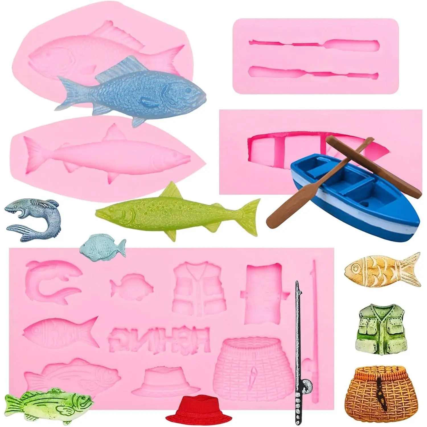 5Pcs Fishing Silicone Molds Set Fishing Rod Fish Basket Boat Oar Minnow Molds for Baking Cupcake Topper Candy Cookie Clay Resin DIY Crafts