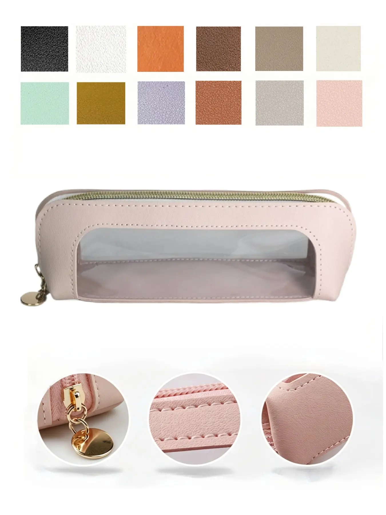 PU Leather Transparent Cosmetic Brush Pouch, Portable Zipper Makeup Bag, Multi-Functional Long Pen Case, Lipstick Travel Organizer