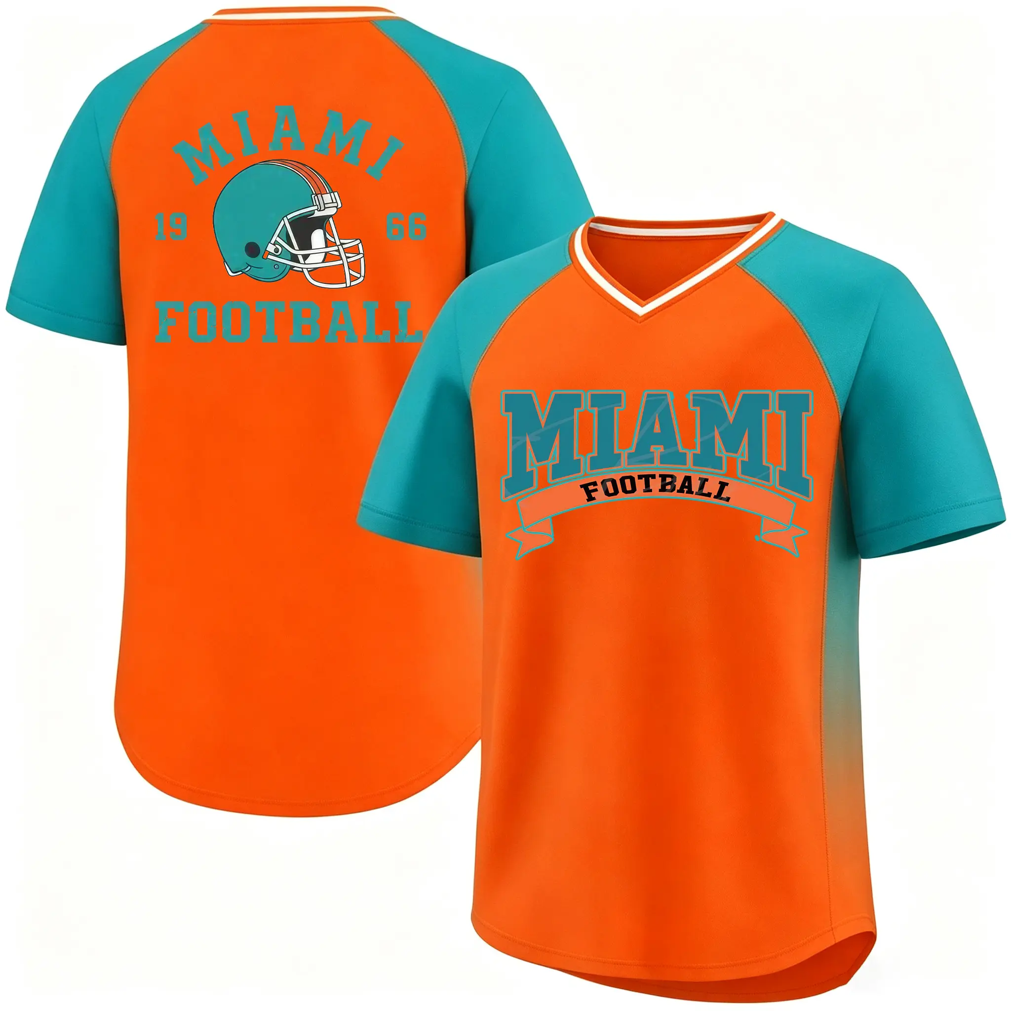 Orange Teal Raglan Football T-Shirt, Two Tone V Neck Miami Football Helmet 1966 Print Athletic Tshirt, Family Xmas Gift For Football Lovers # GameDay # RetroFootballTshirt # VNeckSportTee # VacationOutfit # RetroHoliday