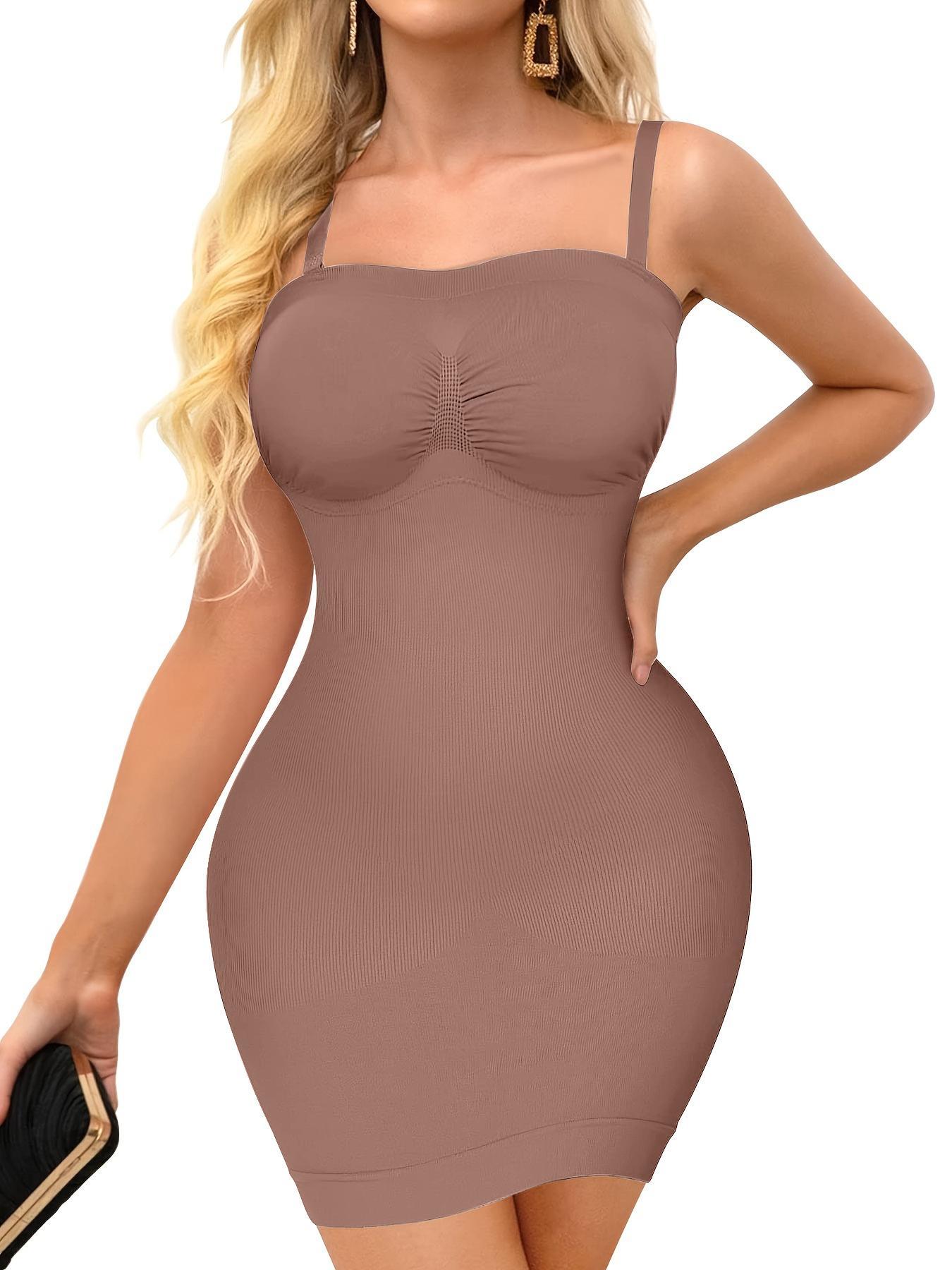 Women's Plain Casual Shapewear Dress With 1 Pair Detachable Straps, High Stretch Seamless Camisole Dress, Tummy Control Slimming Bodyshaper, Women's Underwear & Shapewear
