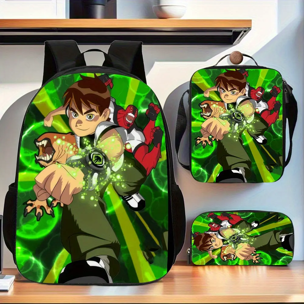 Teenage Hacker Green Light Circle Anime School Bag Three-Piece Set: Oxford Cloth Large Capacity Backpack with Crossbody Lunch Bag and Stationery Pencil Case, Suitable for Daily School Commuting and Outdoor Travel