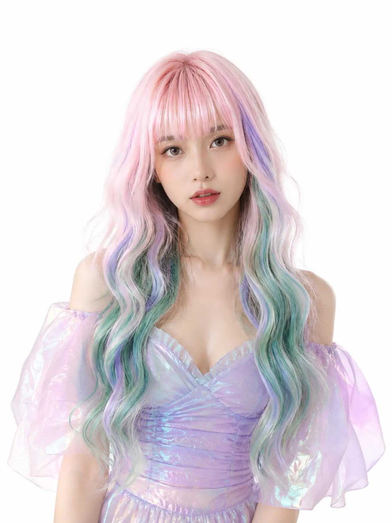 Pastel Ombre Long Wavy Synthetic Hair Wig with Bangs, Heat Resistant, Cosplay Festival Party Wig for Women