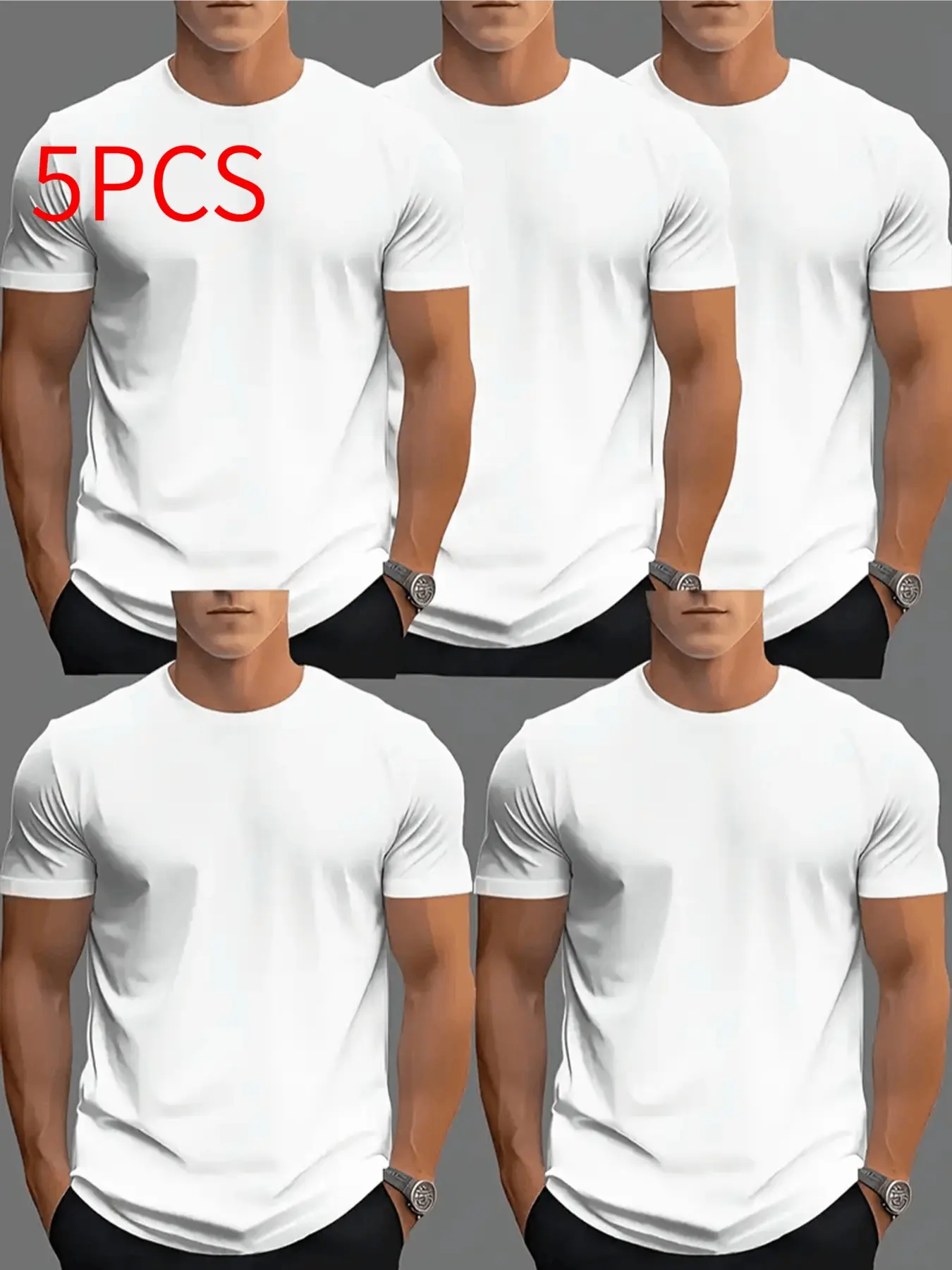 5Pcs Unisex Polyester Heavyweight Crew Neck T-Shirts, Casual Wrinkle-resistant Breathable Tops For Gym Home Outdoor Daily Matching Outfits
