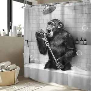 Pack of 1 - Fun Monkey Shower Curtain, Black and White Animal Patterns, Chimpanzee Singing in the Bath, Men's Modern Cool Bathroom Home Decor
