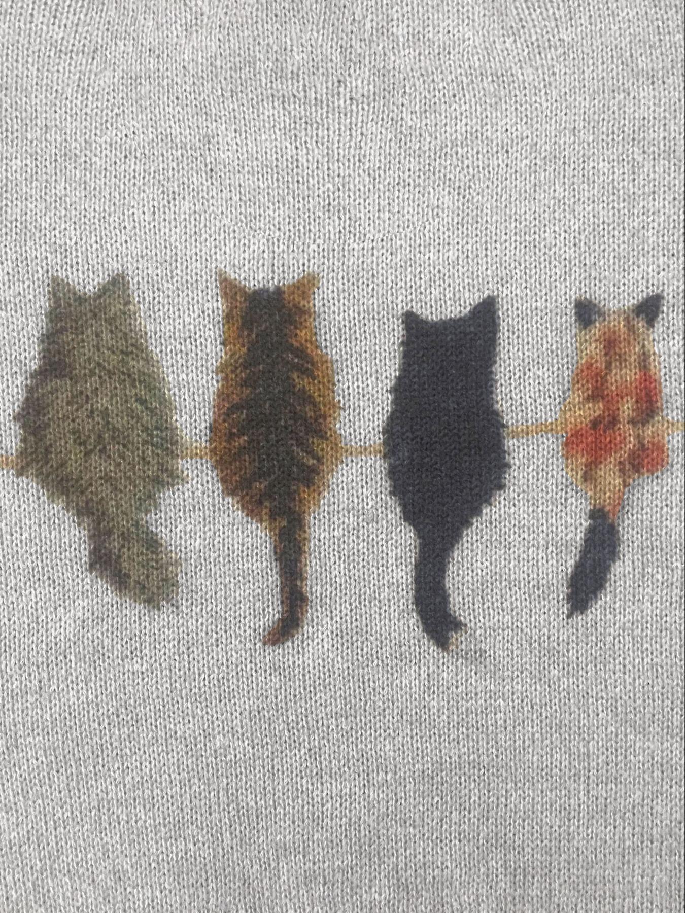 Women's Cat Print Drop Shoulder Knitted Sweater, Casual Long Sleeve Round Neck Animal Print Jumper for Fall & Winter, Fashion Ladies' Knitwear for Daily Wear, Womenswear