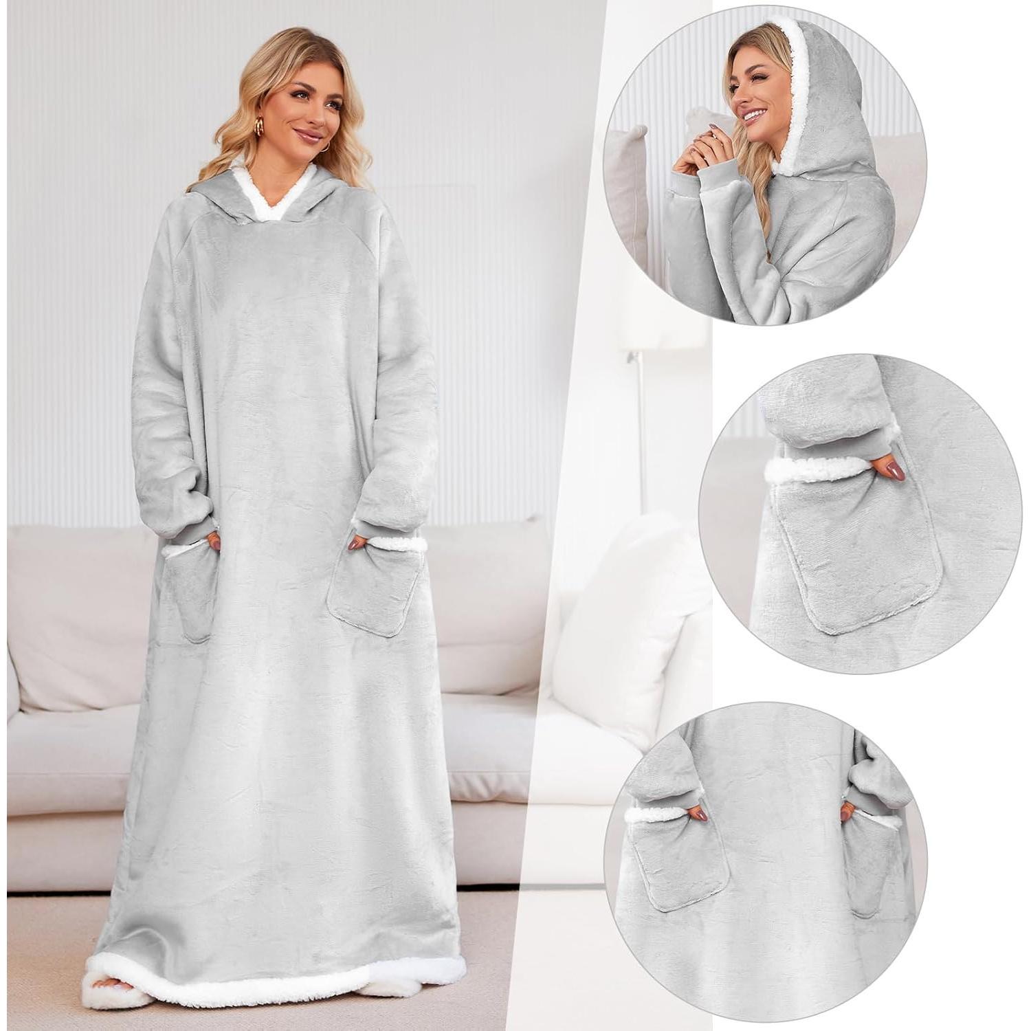 5FT  Wearable Blanket Hoodie Flannel Sherpa Fleece Warm Cozy Christmas Wrap Throw Gifts for Adult