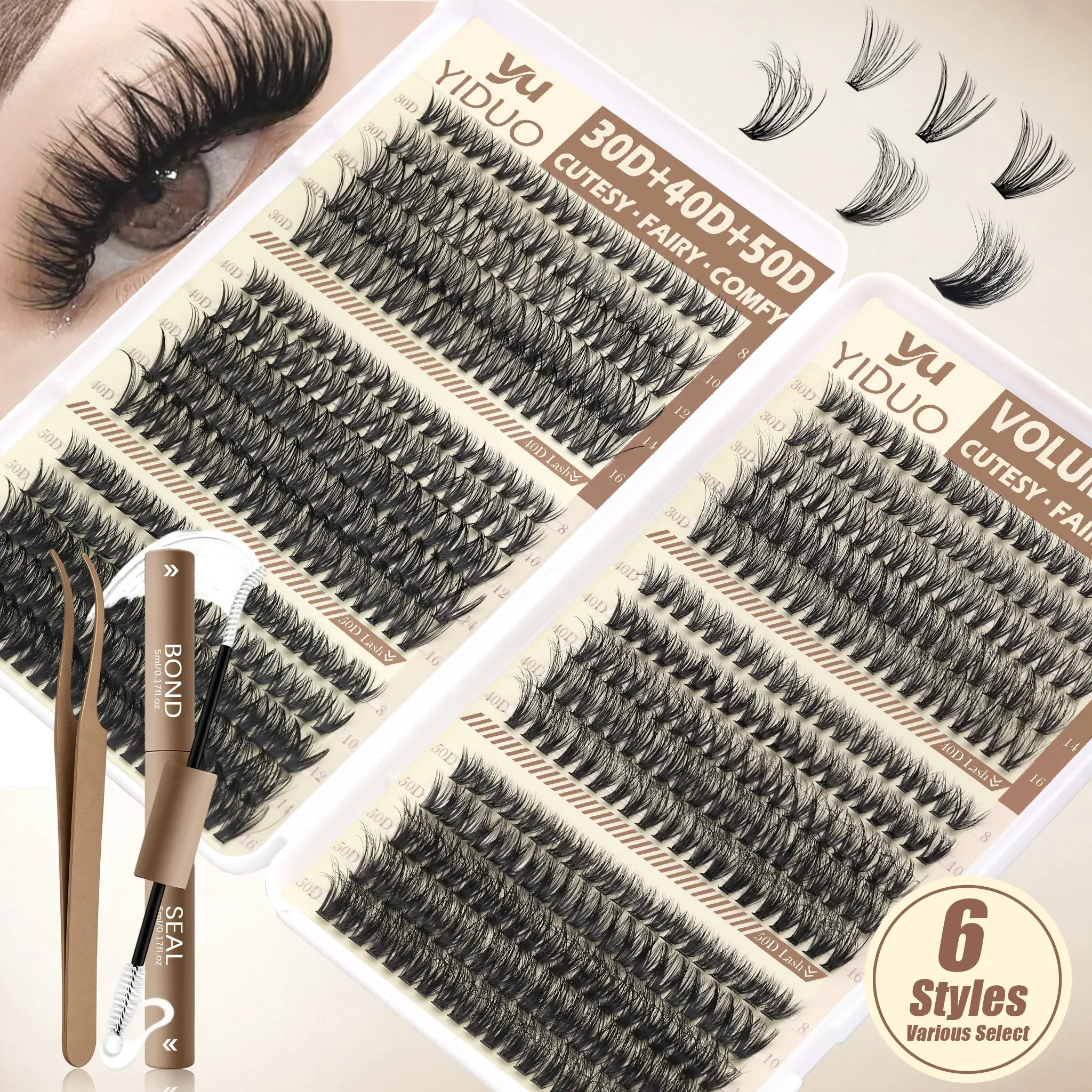 YIDUO All-in-One Eyelash Extension Kit with Tweezers and 2-in-1 Bond Seal, Soft & Gentle Lash Clusters Kit with Perfect Volume D Curly 8-16mm.