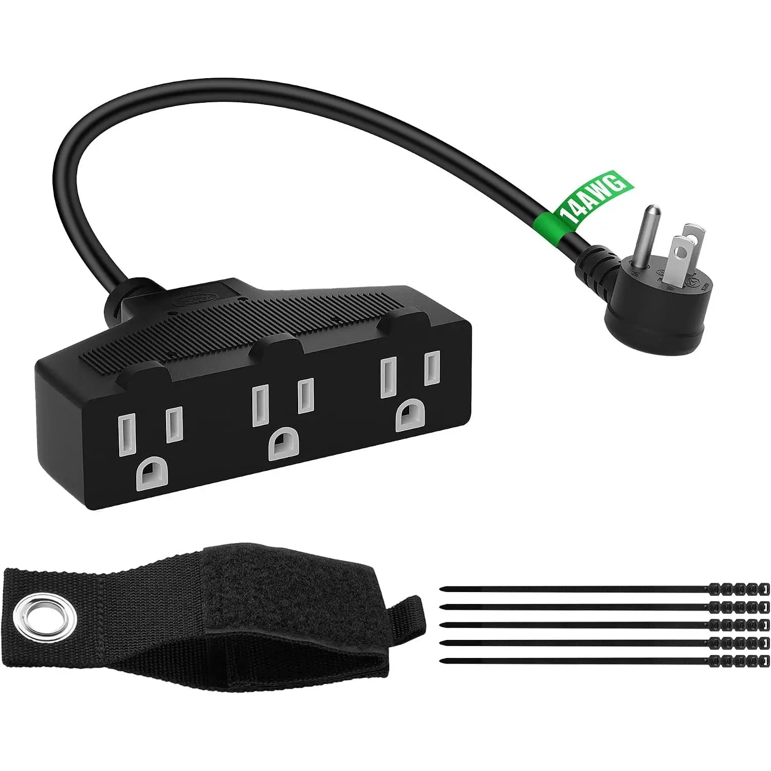 Outdoor Extension Cord 1 Ft with 3 Outlets, 14/3 SJTW 3 Prong Grounded Power Cord, 14 Gauge 14AWG Heavy Duty Power , ETL Listed, 15 Amp 125 V 1875 W-Multiple Outlets for Indoor/Outdoor-Black