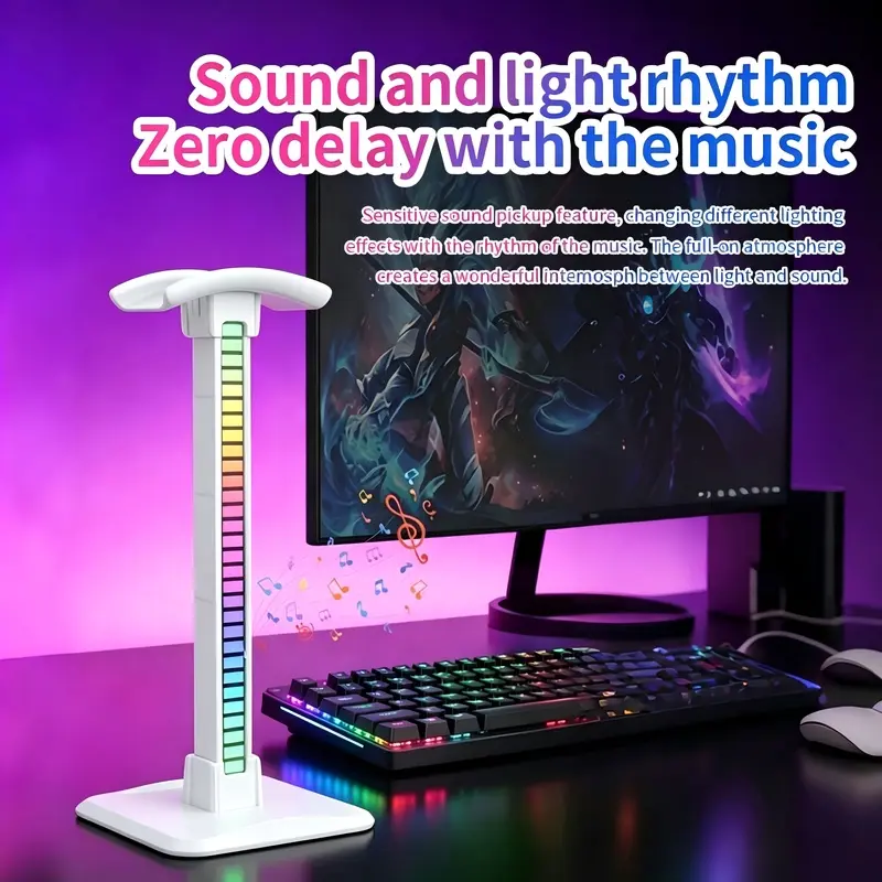 RGB Sound-Activated Atmosphere Lamp Headset Stand, 18 Light Modes + 2 Dynamic Rhythms, Pluggable RGB Desktop Headphone Display Rack