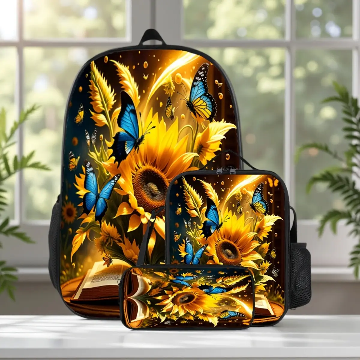 3-Piece Sunflower & Butterfly Print Backpack Set, Casual Unisex Schoolbag with Shoulder Bag & Pencil Case, Large Capacity for Commuting, Set Pack, Sunflower Print