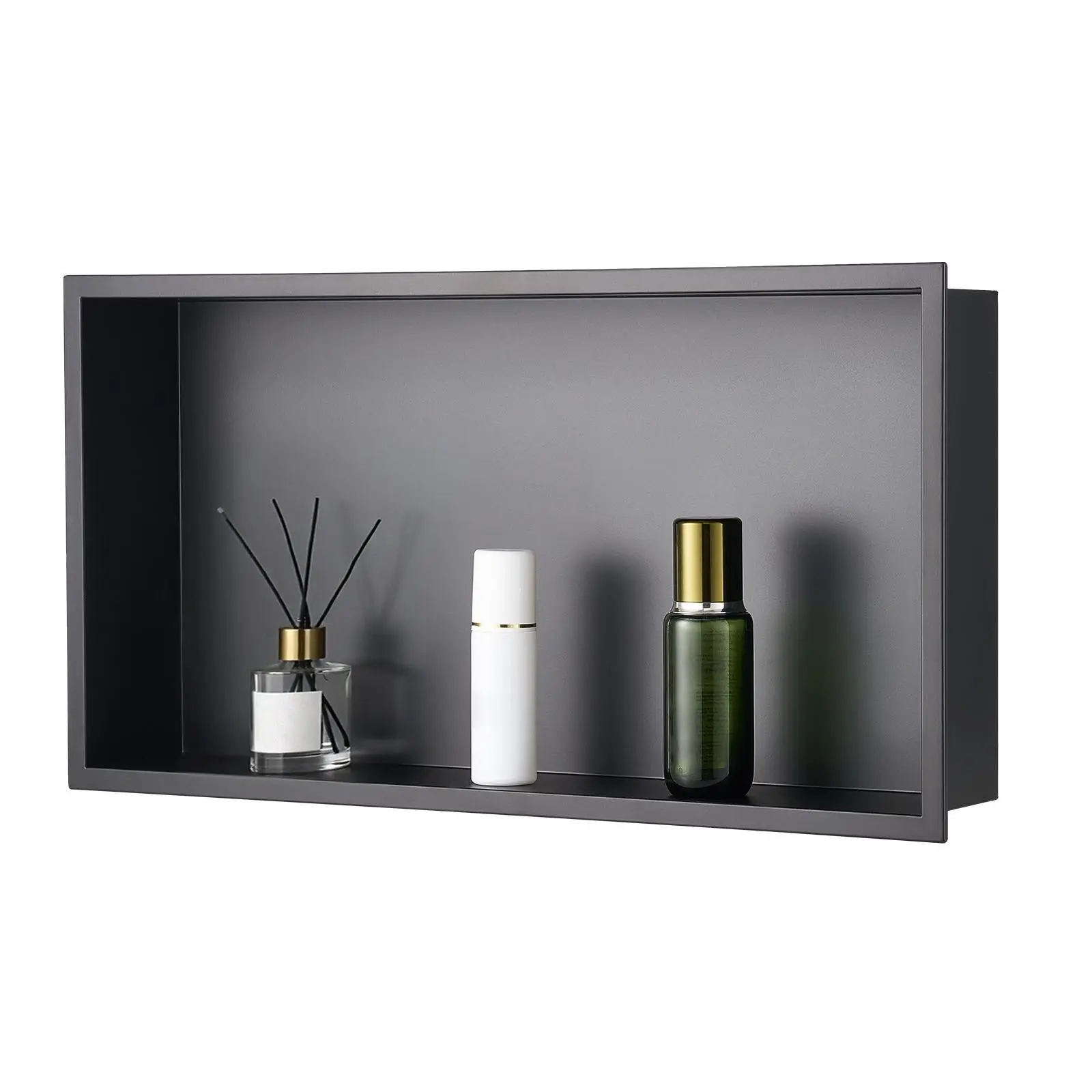 VEVOR Metallic Single-Layer Stainless Steel Recessed Shower Niche, 4x13x25in Heavy-Duty Sealed Waterproof Storage Cabinet, Easy-Install Modern Black Bathroom Soap & Shampoo Organizer for Households 306010mb