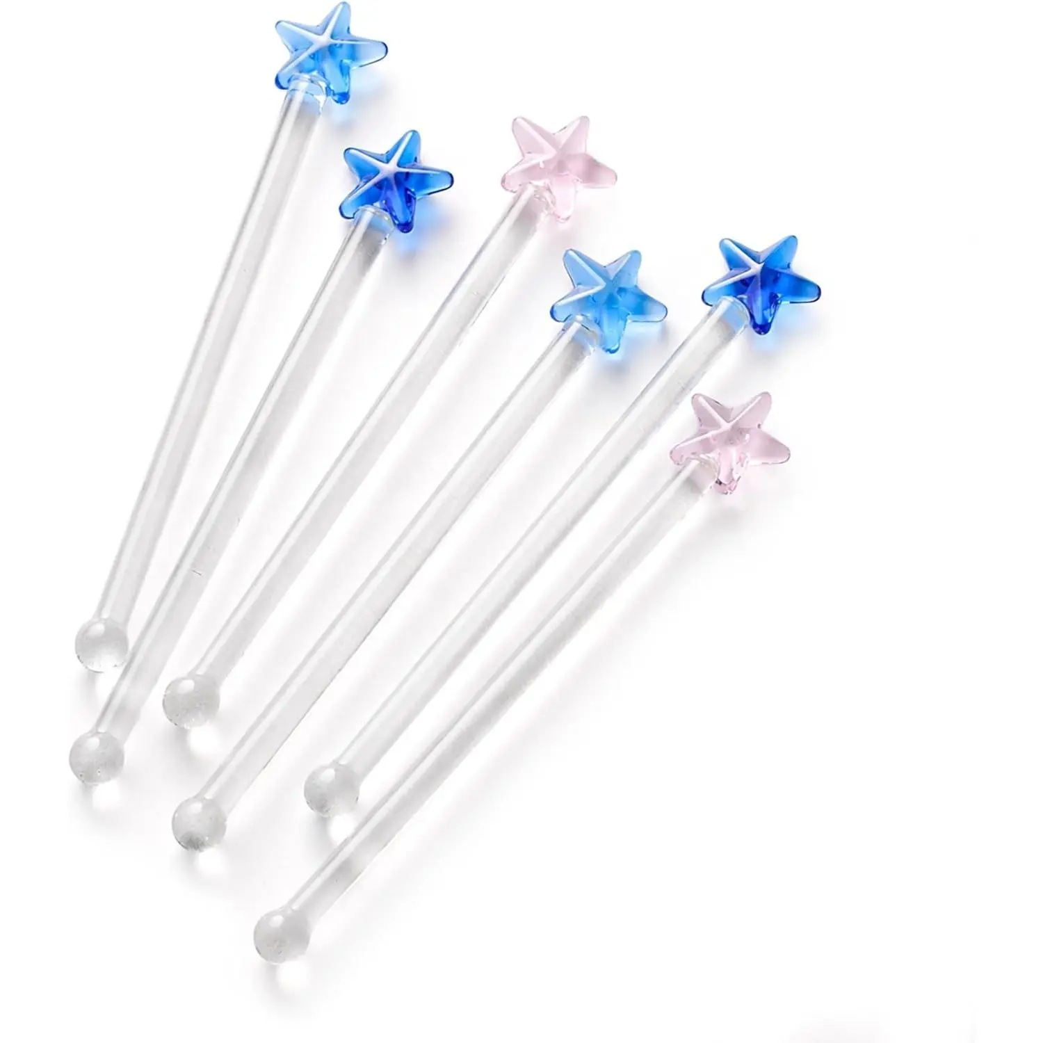 Reusable Glass Cocktail Stirrers Set - 6-Piece Star Borosilicate Glass Decorative Drink Swizzle Sticks for Cocktails, Coffee & Beverages