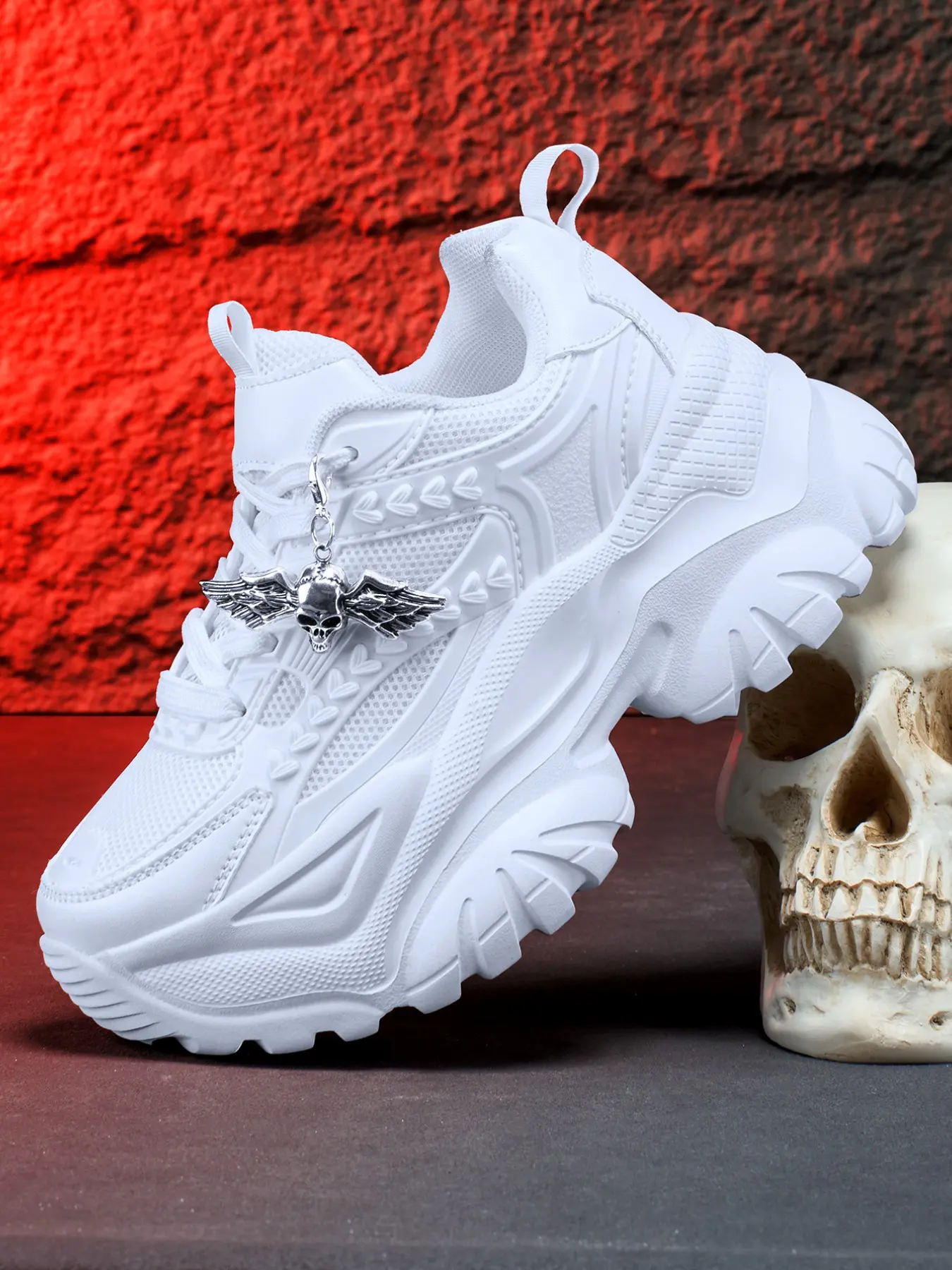 Women's Thick Sole 7cm Sports Shoes, Eva Lightweight Comfortable Fashion Dad Sneakers, Detachable Punk Angel Skull Charm, All Season Outdoor Use