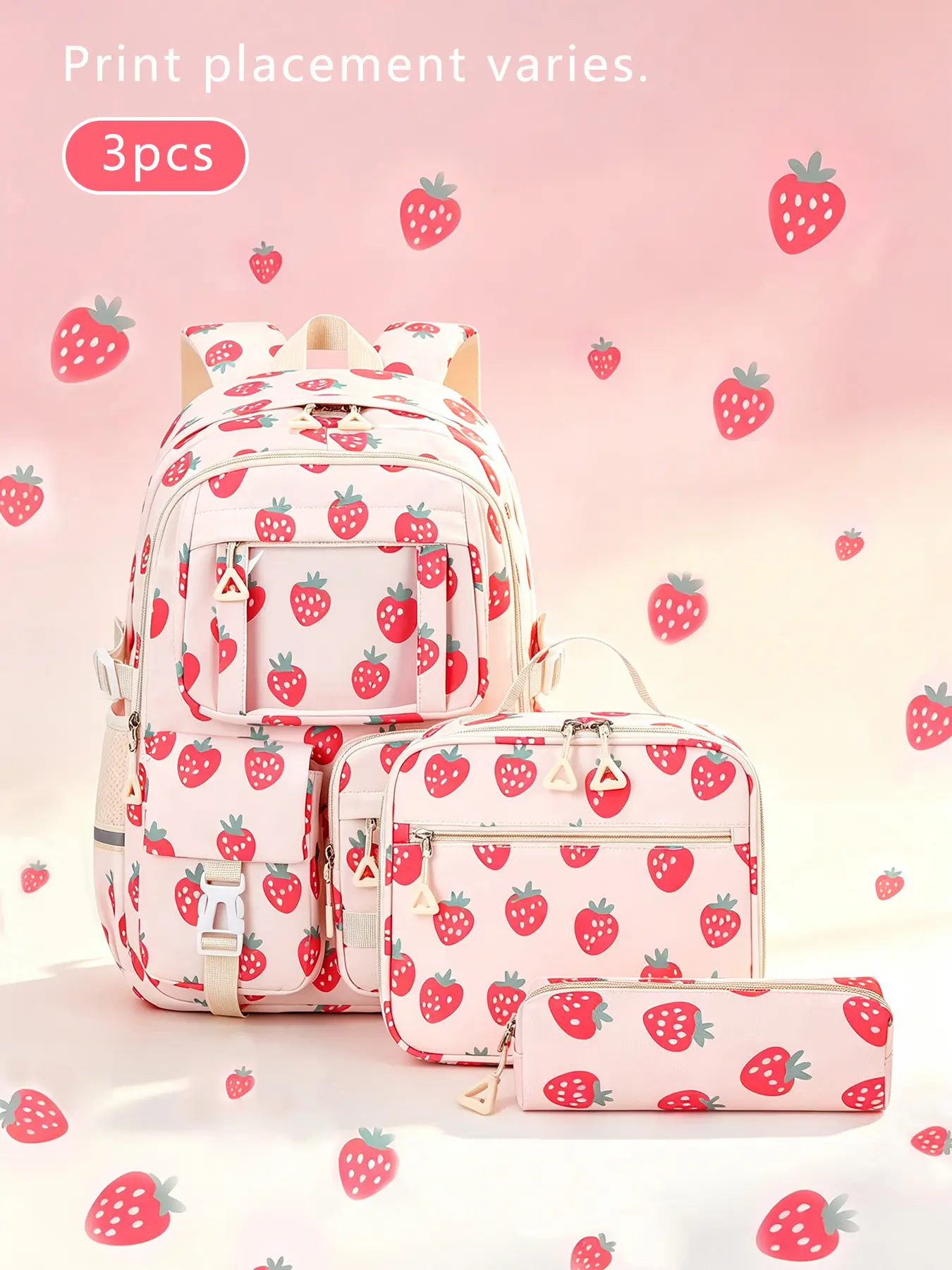 3Pcs Light Pink Strawberry Print Backpack Set Triangle Zipper Pulls Matching Handheld Lunch Bag Slim Pencil Pouch Mesh Padded Shoulder Straps Multi-layer Compartments for Campus Study Weekend Trips Daily Casual Outings