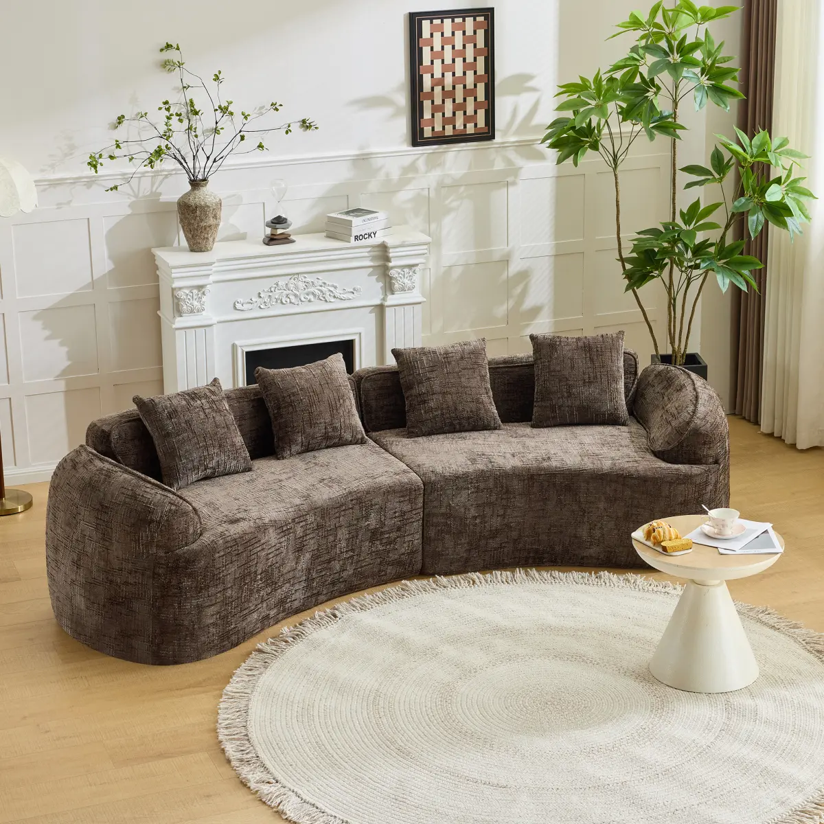 Brown Curved Compressed Sofa, Creative Nordic-style Design for Living Room, Comfortable, Soft and Suitable for Multiple Scenarios