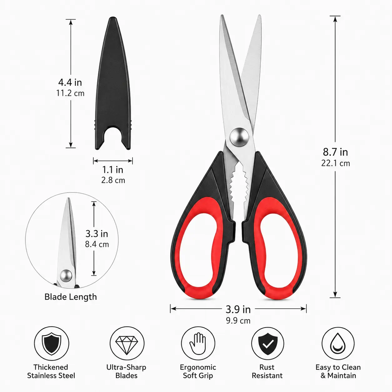 4-in-1 Kitchen Scissors with Sheath, Multi-Use Kitchen Shears with Stainless Steel Blades, Jar Opener, Bottle Opener & Food Cutter
