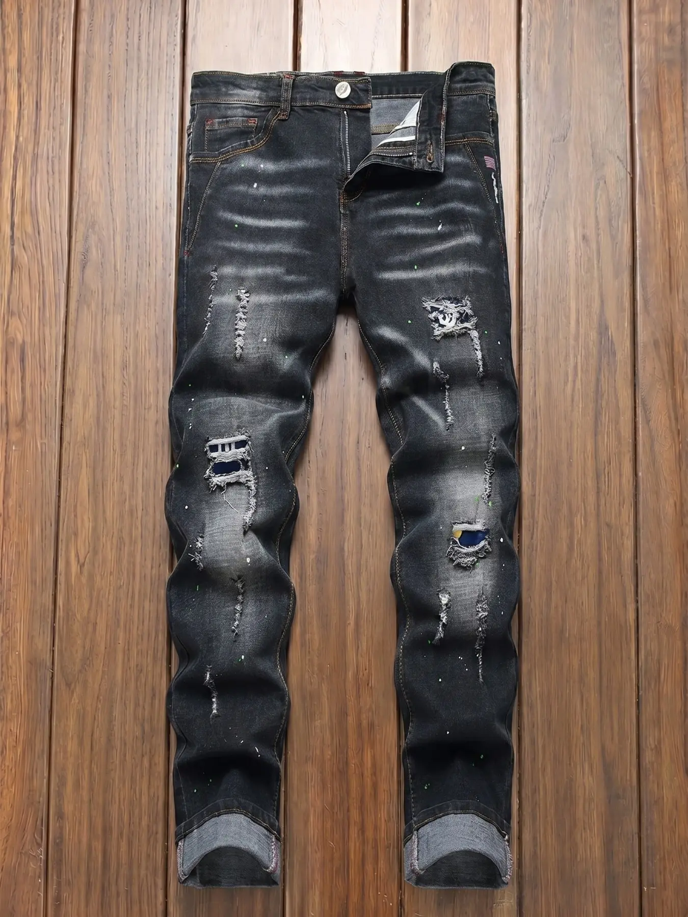 Men's Washed Slim Fit Jeans Trouser, Splatter Pattern Hole Tear Patchwork, Vintage Style Straight Leg, Hip Hop Streetwear, Casual Long Pants, Fitted jeans pants