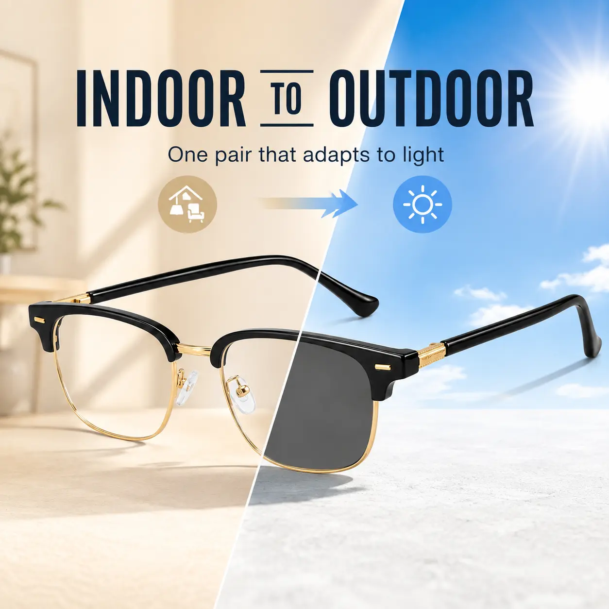 Photochromic Glasses for Men Women, Black Gold Metal Frame Blue Light Filtering Eyewear, UV Adaptive Clear to Dark Lenses, Lightweight Unisex Fashion Glasses