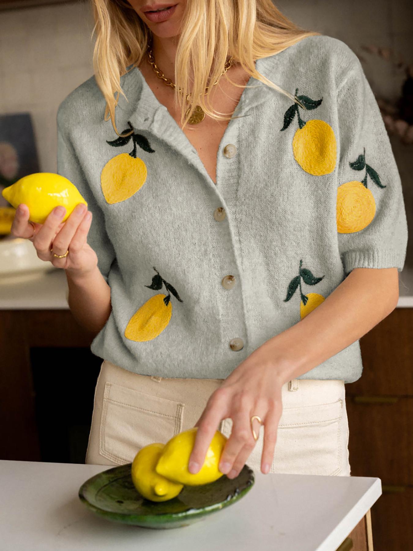 Women's Lemon Embroidery Sweater Cardigan, Casual Short Sleeve Knitwear for Daily Wear, Ladies Knitting Clothes for Summer, Knitted Tops