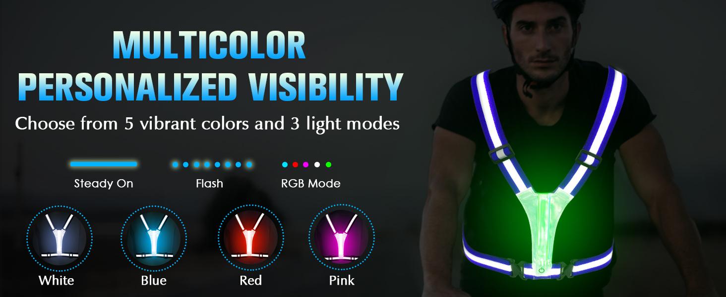 LED Reflective Vest Running Gear, 5 Lights Colors High Visibility Reflective Running Gear Rechargeable Light Up Running Vest for Walking Running Cycling, Adjustable for Men Women Kids