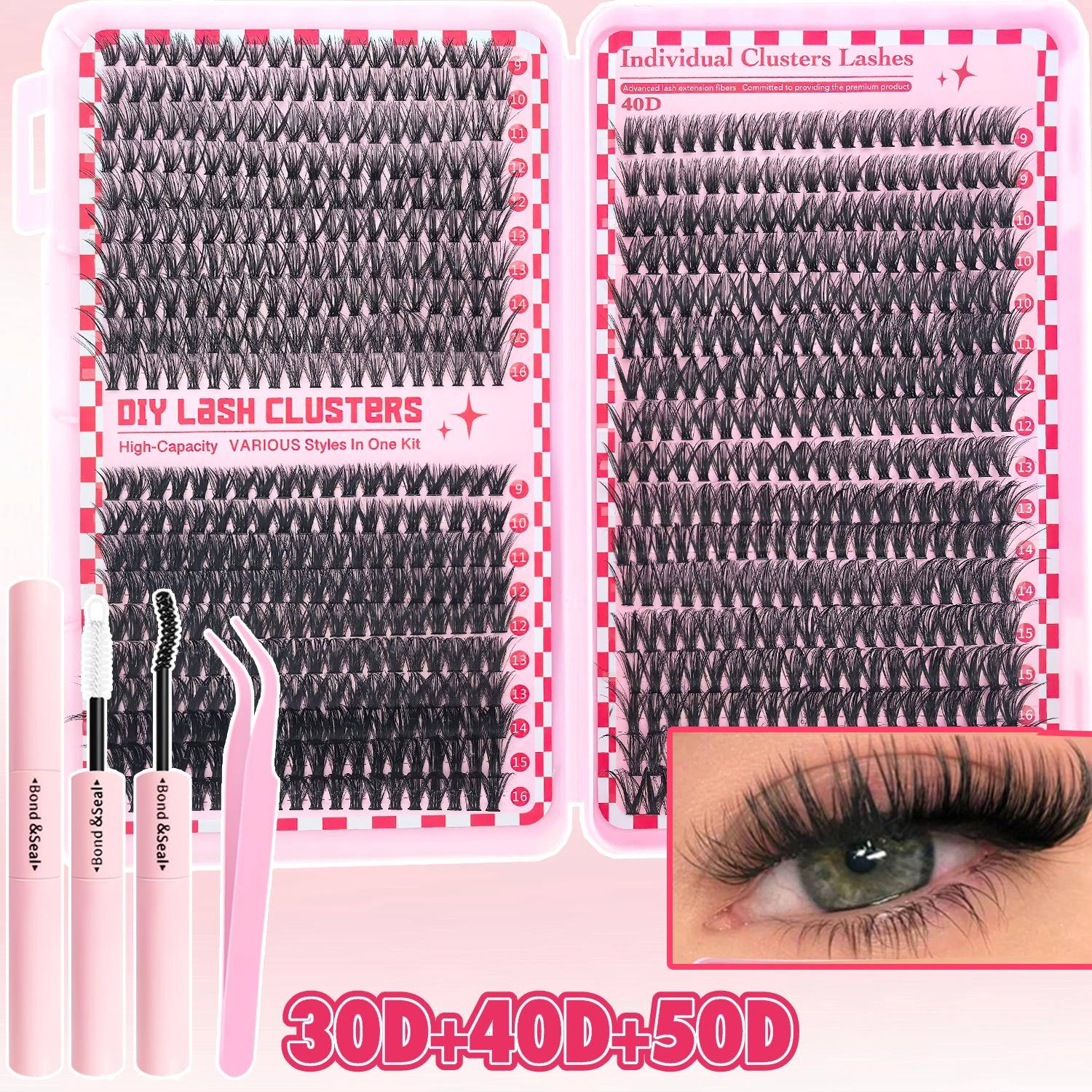 800/740/200pcs Eyelash Extension Kit, Fluffy Lash Extension Set with Lash Bond & Seal, Lash Tweezers and Thick Lash Clusters, Wispy Individual D-Curl Lashes with Eyelash Glue & Tweezers, Eyelash Tools, Cosmetic (30D/40D/50D/60D/80D/100D Mixed, 9-16mm)