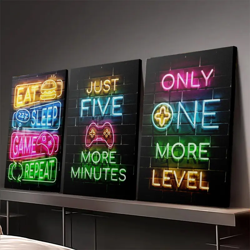 2D flatGamer quotes wall art set, modern art design, neon style, framed, suitable for room decor, gamer room wall art. Framed., 2D Flat, Room Decoration, Gaming Room Setup, Stylish Wall Decor, Contemporary Design, Wooden Frame, Durable Material
